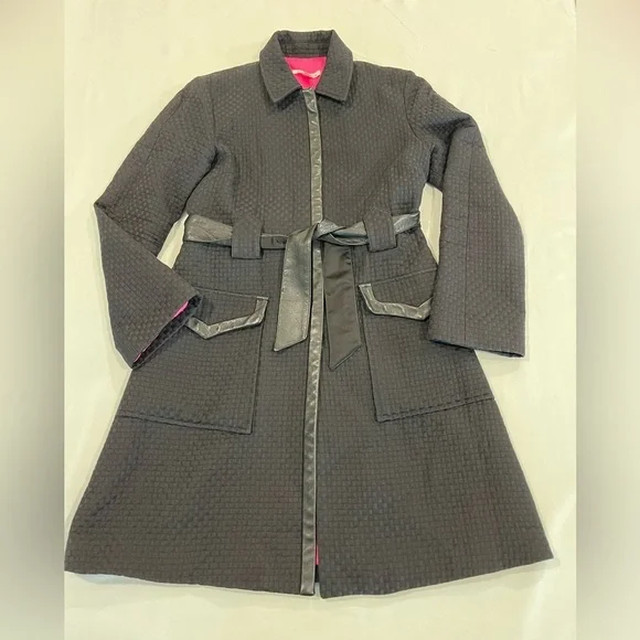 Alice + Olivia | Leather Trim Belted Trench Coat | Black | M/6 - Picture 2 of 12